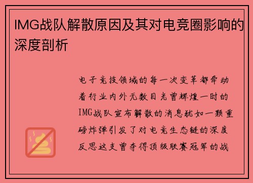 IMG战队解散原因及其对电竞圈影响的深度剖析